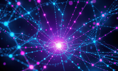 Fototapeta premium vibrant visualization of quantum data, showcasing interconnected nodes and lines in shades of blue and pink, creating dynamic and energetic atmosphere