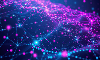 Obraz premium vibrant digital network visualization featuring interconnected nodes and lines shades of pink and blue, representing quantum data and technology. image evokes sense of innovation and connectivity