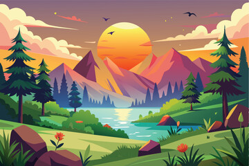 A beautiful illustration depicting a sunset over a mountain lake. The vibrant colors create a tranquil atmosphere, with lush greenery and a calming blue lake.