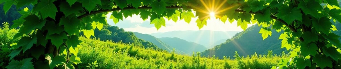 Fototapeta premium Lush green vines hanging over a serene landscape providing natural shade, overhanging, canopy