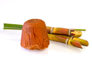 Organic jaggery and Sugar cane, Cane, Sugarcane piece fresh, Sugar cane isolated on white background
