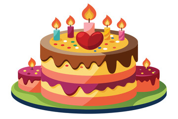 A festive birthday cake with seven lit candles and a red heart decoration on top.