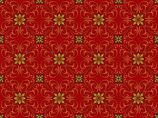The Warm Embrace of Sienna Blooms An Elegant and Ornate Floral Scroll pattern seamless fabric textile background. Ornate floral pattern features symmetrical sienna-hued flowers with gold outlines