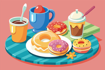 A cartoon illustration of a tray with a colorful variety of donuts, a cup of coffee, and an iced drink.