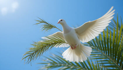 Fototapeta premium Dove soaring with palm branch in beak against serene blue sky, symbolizing peace and Palm Sunday grace