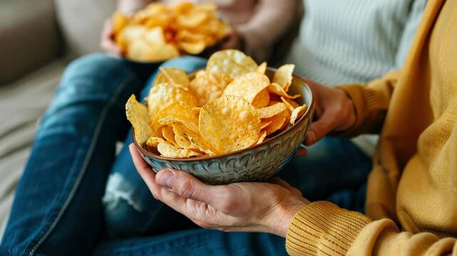a couple in love is eating chips. selective focus