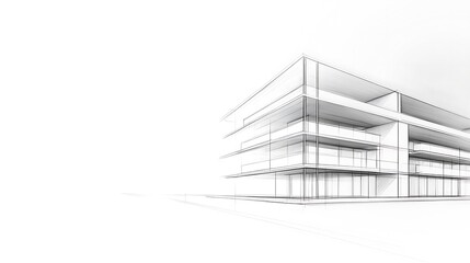Modern architectural building sketch in perspective with clean white background – minimalist concept design for urban development or planning

