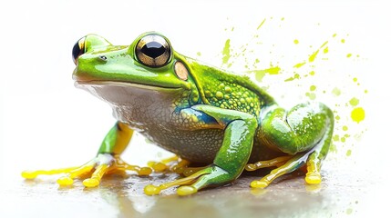 Obraz premium Vibrant Green Frog Sitting on Wet Surface with Colorful Splashes and Glossy Eyes