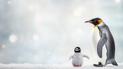 Fototapeta premium A mother penguin explaining to her chick why their fish is more expensive due to tariffs
