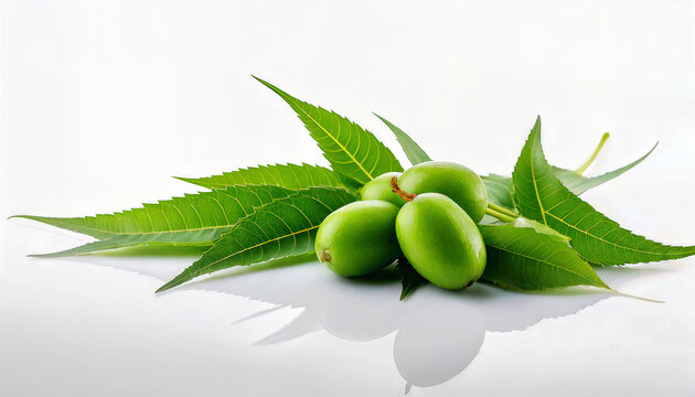 Medicinal neem leaves with fruits isolated on white glossy background