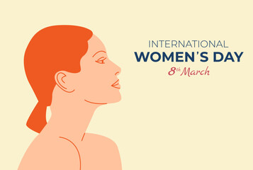 Inernational womens day greeting card design with beautiful young girl profile portrait