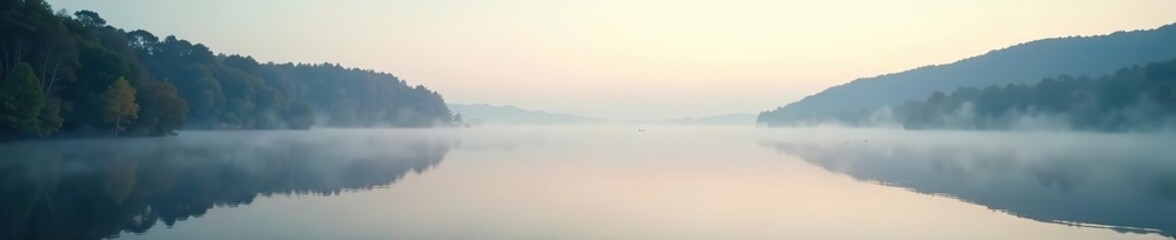 Fototapeta premium Panoramic view of calm morning lake with mist rising from water, tranquil, nature