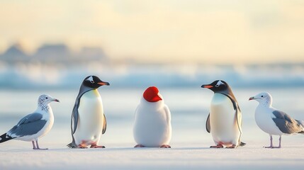 Fototapeta premium A satirical scene of penguins negotiating with seagulls about trade disputes