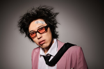 Stylish spring fashion showcase featuring an asian man in a studio setting