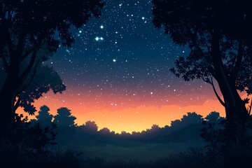 Naklejka premium Enchanting Night Sky: Starry Night Landscape with Sunset Colors and Silhouettes of Trees - A Serene Twilight Artwork