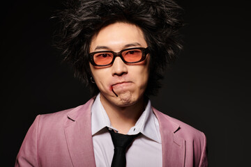 Stylish spring fashion statement by an asian man in a modern studio setting