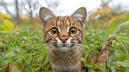 Fototapeta premium Curious wildcat in autumnal grass
