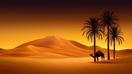Fototapeta premium Camel Silhouette at Sunset in a Desert Landscape with Sand Dunes and Palm Trees