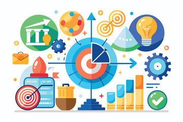 Obraz premium An illustration depicting various colorful symbols representing business strategy and success.