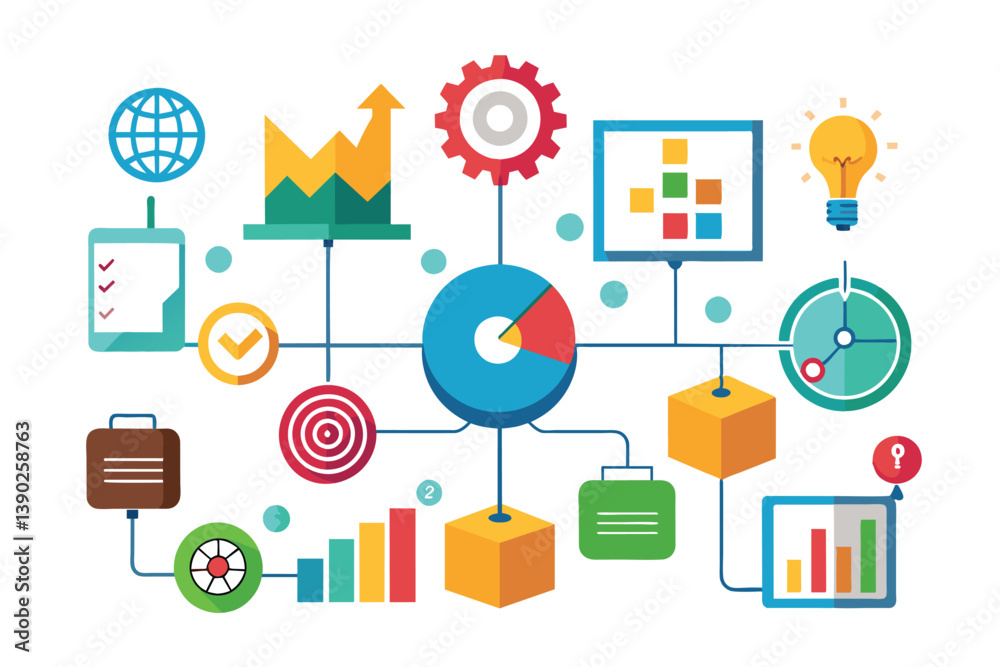 Poster a visual representation of a business process, showcasing interconnected icons representing various 