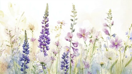 Naklejka premium Delicate Watercolor Painting Floral Meadow with Lupines Cosmos Daisies