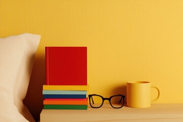 Fototapeta premium Cozy bedside arrangement featuring colorful books, glasses, and
