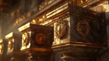 Ornate golden pillars and capitals, adorned with shields and wreaths, within a grand architectural structure