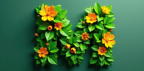 Letter M created with vibrant green leafy plants, adorned with cheerful orange and yellow flowers, alphabet,  design