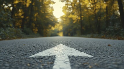 Asphalt Road White Arrow Direction Sunny Forest Trees