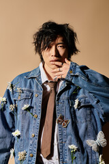 Stylish spring fashion featuring an asian man in a studio with floral accents
