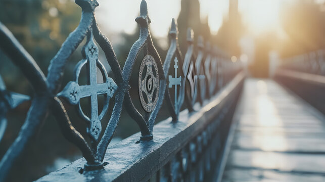 with interwoven religious symbols on its railings, representing connection and understanding 