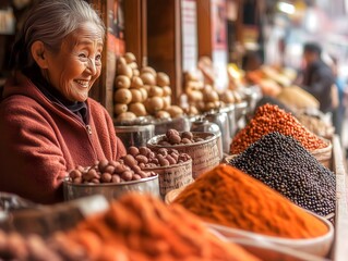 An image of a happy woman selling a variety of fruits and colorful spices at a busy market. Perfect for food blogs, travel websites, and projects related to culture and food.