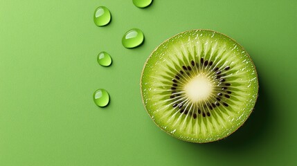 Close up of Halved Kiwi Fruit on Green Textured Background with Water Droplets