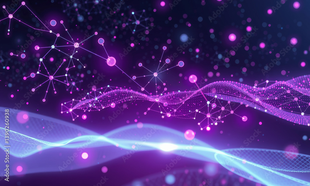 Fototapete vibrant digital representation of quantum data, featuring interconnected nodes and flowing waves in shades of pink and blue, creating sense of depth and movement