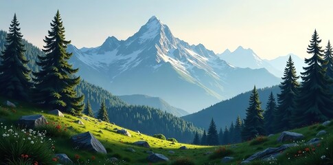 Realistic mountains landscape with morning wood panorama, pine trees, and mountain silhouettes Vector forest hiking background,  wood,  landscape