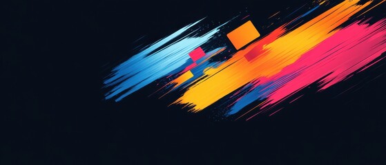 Abstract colorful brush strokes on dark background, vibrant artistic design with dynamic diagonal lines and geometric shapes for modern graphic concept
