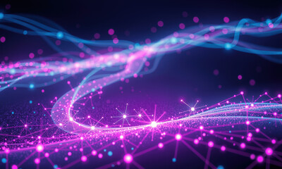 Obraz premium vibrant abstract representation of quantum data visualization, featuring flowing lines and glowing dots in shades of pink and blue, creating dynamic and futuristic atmosphere