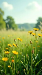 Fototapeta premium Realistic photograph of tall wild grasses with yellow flowers in natural setting, flora, environment