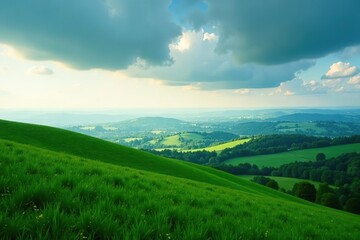 Obraz premium Peaceful landscape of green rolling hills in South Moravian Region, Czech Republic, Kyjov, lush
