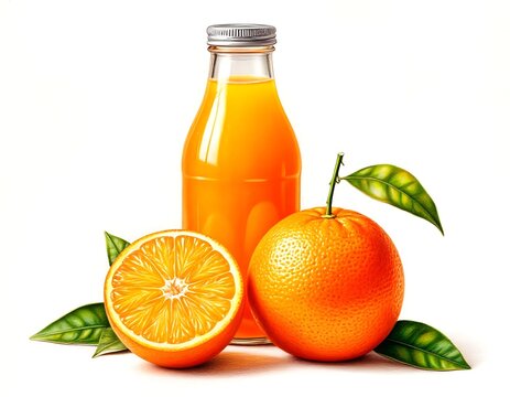 orange juice in a bottle next to an orange drawing on a white background