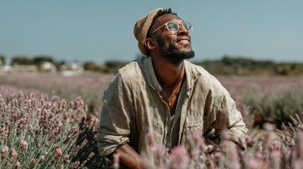 A man in a lavender field deep in thought, showcasing an introspective moment filled with admiration for nature’s beauty and a sense of connection with the environment.