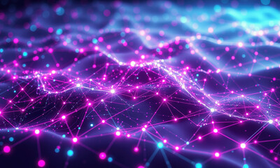 vibrant digital landscape showcasing interconnected nodes and lines, representing data flow and quantum computing concepts. colors blend beautifully, creating mesmerizing visual experience