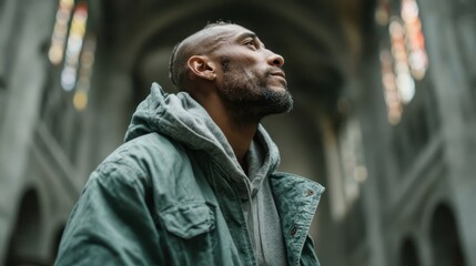 Captured in a serene church interior, a man looks thoughtfully upwards, surrounded by the echoes of history and the beauty of architectural design, evoking deep contemplation.