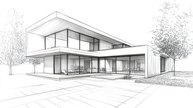 Modern architectural sketch of sleek, contemporary house design