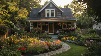 Charming cottage with shingle siding and vibrant garden flowers