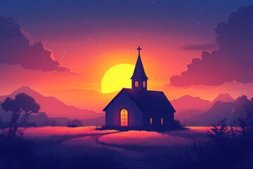 Fototapeta premium Church Silhouette at Sunset: Serene Landscape of Spirituality and Nature