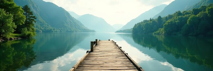 Lonely wooden jetty stretching out into calm lake surrounded by lush greenery,  pier,  peaceful