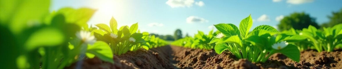 Low angle view of potato plants with white flowers and green leaves under sunny sky,  nature,  agriculture