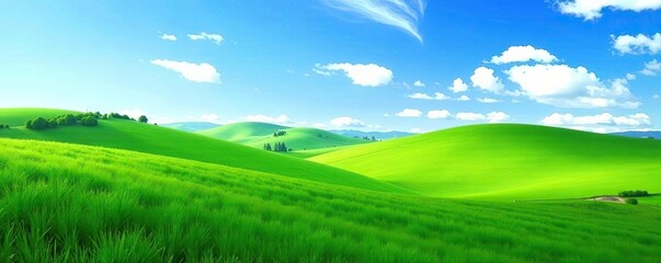 Obraz premium Rolling hills covered in lush green grass under a clear blue sky, representing a peaceful spring landscape, tranquil, rural