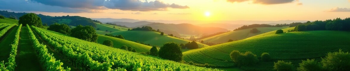 Obraz premium Rolling hills covered in lush green vineyards under a clear blue sky, with the sun setting in the background, hills, sunset